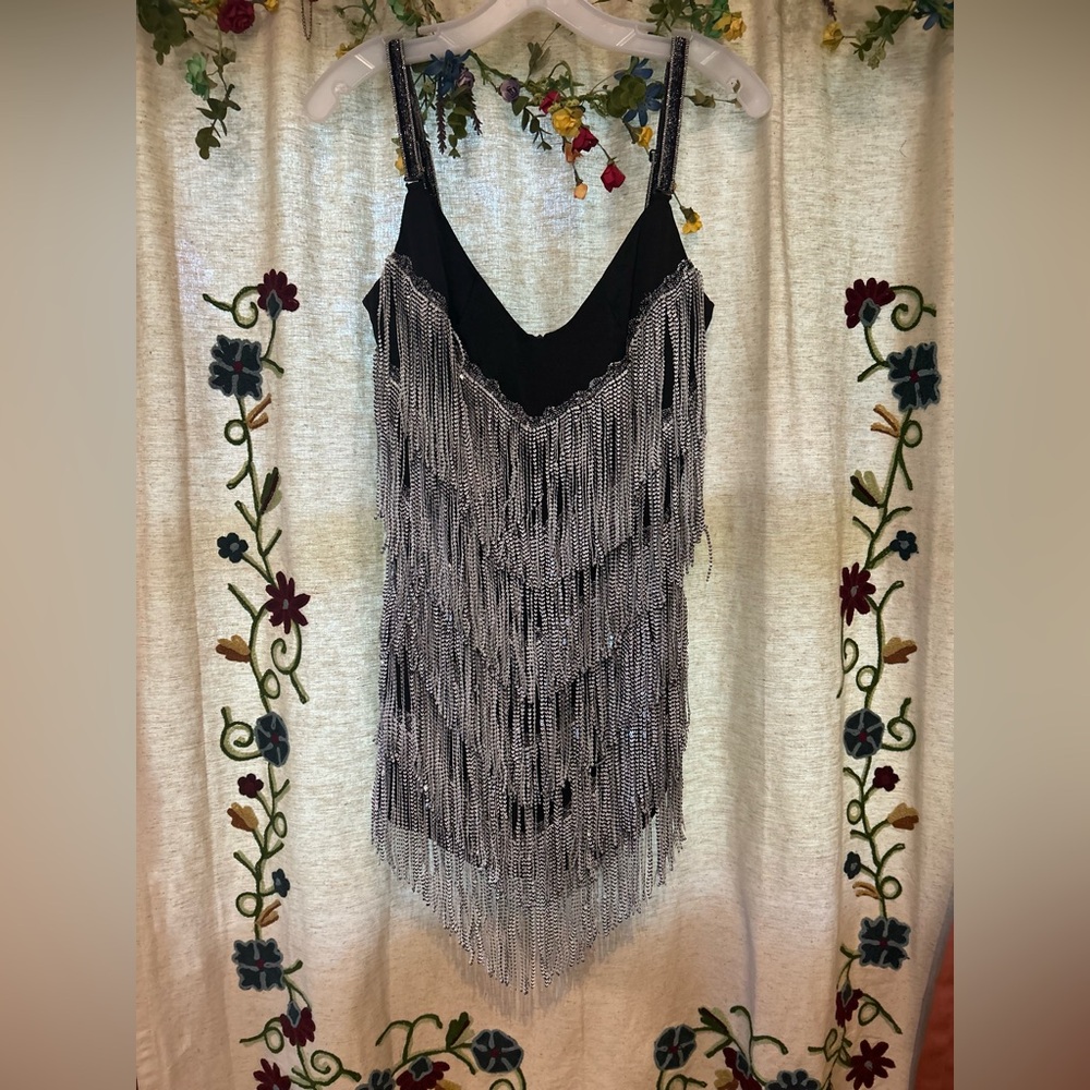 NWT Black Flapper Dress with White Sequins Fringe